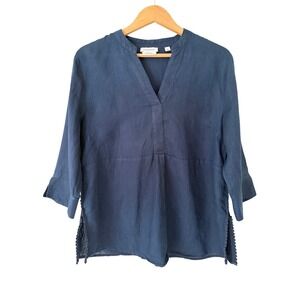 Calligraphie Womens 100% Linen Crochet Trim Tunic Top Large Navy Blue V-Neck
